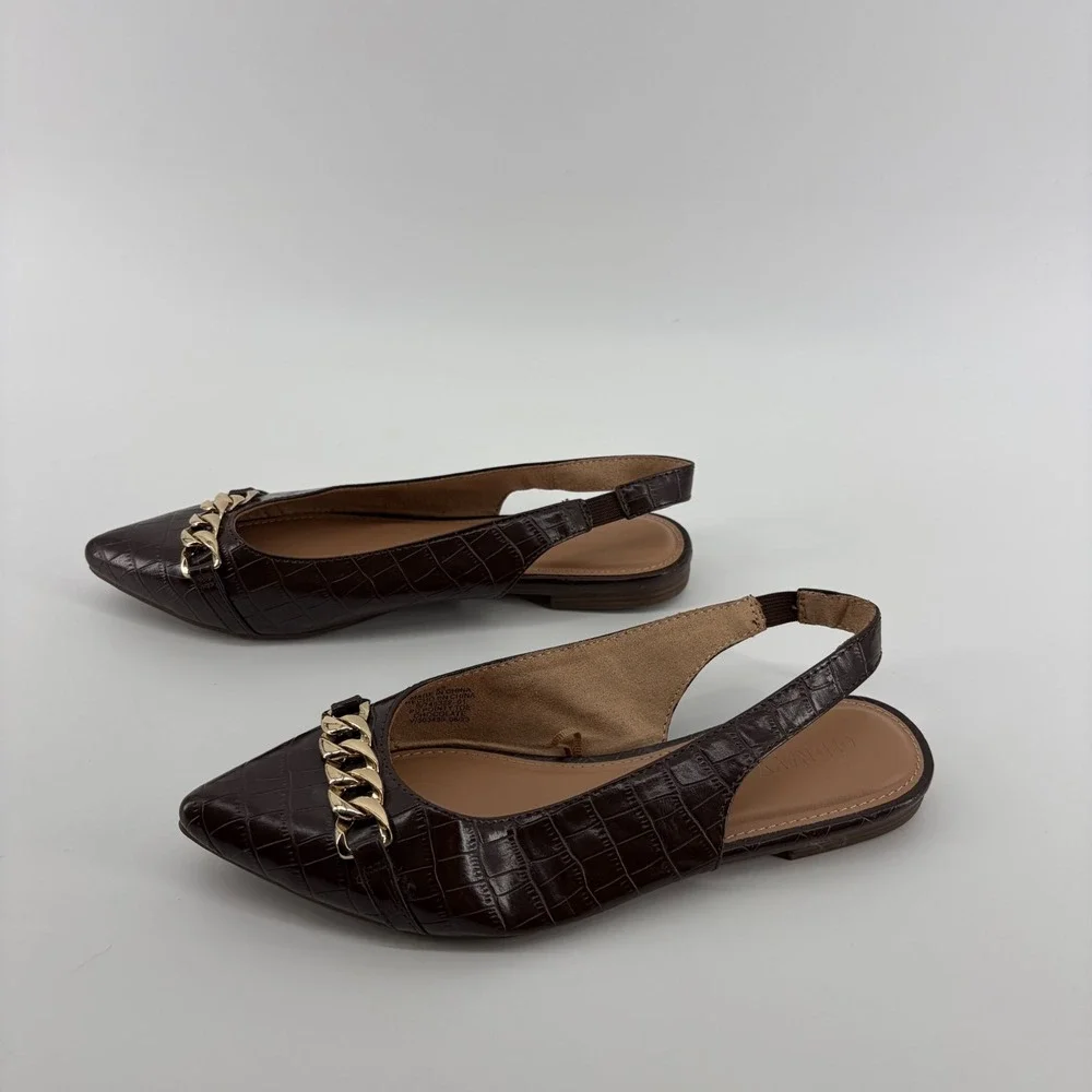Old Navy Chocolate Croc Embossed Pointy Toe Slingback Flats Chain Accent Size‎ 8